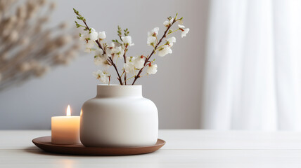 Beautiful floral herbal soya aroma candle scandinavian minimalistic simple design interior flat apartment table banner copy space.
