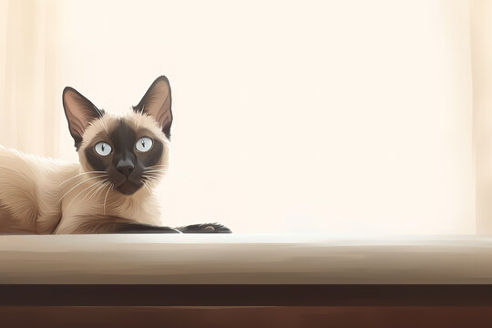 Image of cute siamese cat lying on sofa. Pet. animals. Illustration, Generative AI.