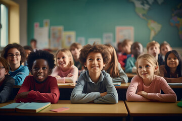 A diverse multicultural group of children learning in a school classroom
