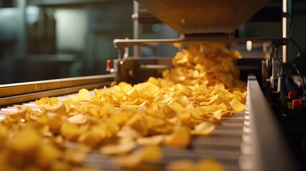 Chips on converter belt, potato chips packaging, line for the production and packaging of potato chips