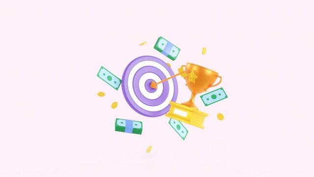 Golden trophy cup and money animation, target. coins and dollar bills. 3d render. First place, success win, champion reward. Business or sports achievement. Competition winner, prize, victory