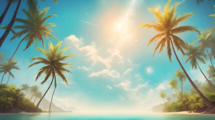 Fototapeta na wymiar Captivating Vintage Tropical Beach: Blue Sky, Palm Trees, and Summer Vibes - An Idyllic Travel Concept
