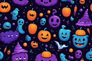 The colorful illustration of Halloween pumpkins and items. Pattern style. Generative Ai.