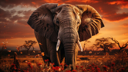 Elephant on sunset in National park of Kenya, Africa.