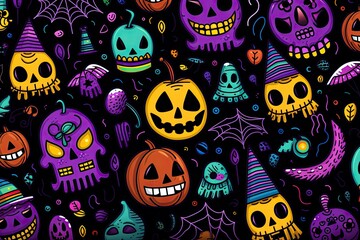 The colorful illustration of Halloween pumpkins and items. Pattern style. Generative Ai.