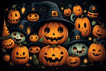 The colorful illustration of Halloween pumpkins and items. Pattern style. Generative Ai.