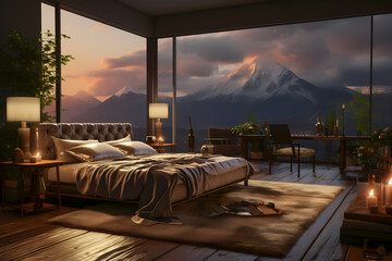 Obraz na płótnie Canvas modern bedroom interior with a view of the mountains
