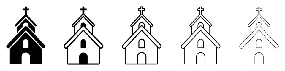 Set of christian church building icons. Christian religion, chapel with cross, church building, church silhouette. Landmark location symbol for map. Vector.