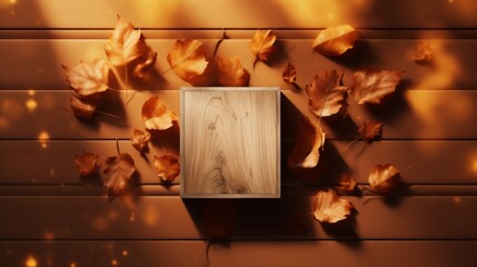 3D background, wood display flat lay podium on natural brown backdrop and dry leaf shadow. Studio wooden platform with copy space. illustration