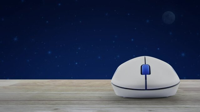 Airplane with shield flat icon with wireless computer mouse on wooden table over fantasy night sky and moon, Business travel insurance and safety online concept