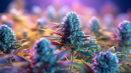 Cannabis big bud plants - purple background - space atmosphere - psychedelic cannabis cbd - Generative AI - obrazy, fototapety, plakaty