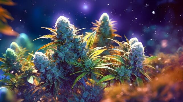 Cannabis Plant in Space. Purple and blue atmosphere. massive buds with thrichomes and pistils. Medical marijuana cbd buds of cannabis in zero gravity.