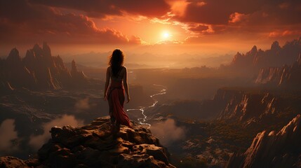 Fototapeta premium A woman stands on a mountain ledge with her back to the lens against the backdrop of a mountain landscape and sunset. Generative AI.