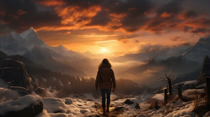 Obraz premium A woman stands on a mountain ledge with her back to the lens against the backdrop of a mountain landscape and sunset. Generative AI.