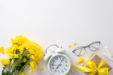 Honor your teacher thoughtfully. Top-view composition presents alarm clock, chalk, glasses,...