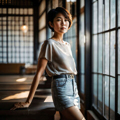 Fototapeta premium photo of beautiful japanese asian woman with short hair, generative AI