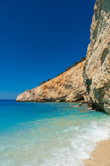 Fototapeta na wymiar Sides of the cliffs of Porto Katsiki Beach on the island of Lefkada, Greece
