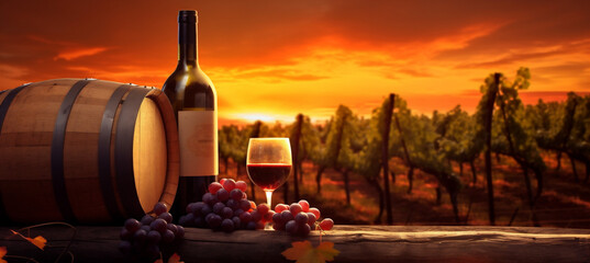 barrel sunset beverage grape drink winery bottle glass alcohol wine. Generative AI.