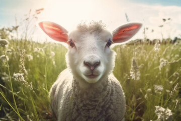 Obraz premium wool sun green lamb meadow field farm animal sheep grass. Generative AI.