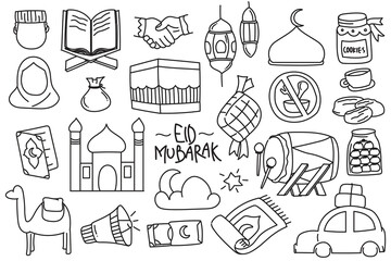 Fototapeta premium Hand drawn set of Eid Mubarak doodle illustrations. Happy Eid al-Fitr doodle illustrations. Ramadan Sahoor Selamat Hari Raya Idul Fitri