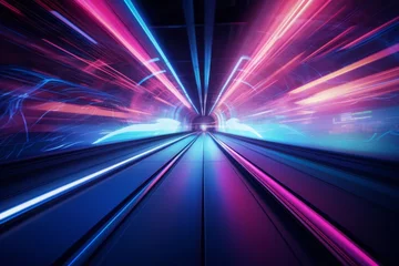 Photo sur Plexiglas Autoroute dans la nuit Fast underground subway train racing through the tunnels. Neon pink and blue light