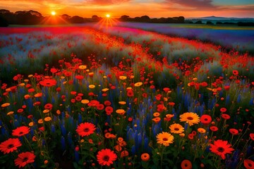 An enchanting meadow, blanketed with a sea of vibrant flowers, each one unfurling its petals in a delicate dance of nature - AI Generative