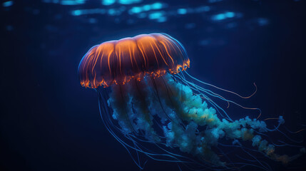 Glowing jellyfish swim deep in blue sea. Medusa neon jellyfish fantasy water
