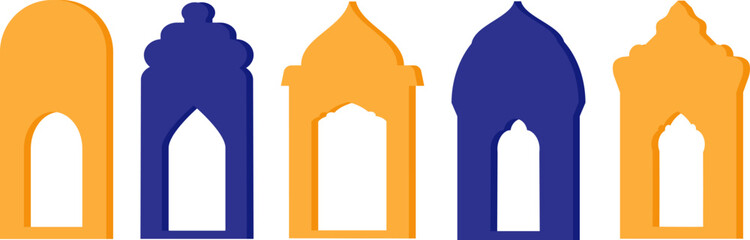 Set of black silhouettes of Islamic windows.Arab frame set.Ramadan kareem simbol icon.