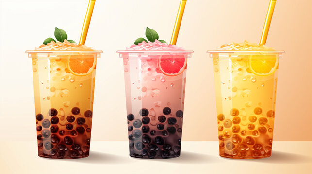 Set of Bubble milk tea drink design, Boba milk tea, taiwanese asian menu, Delicious sweet bubble tea cup with straw