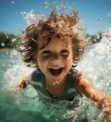 Fototapeta na wymiar Portrait of happy child playing in pool. Smiling kid in water, playing with ball and splashing