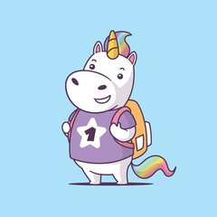 Unicorn boy pupil - student, happy character with backpack vector cartoon illustration