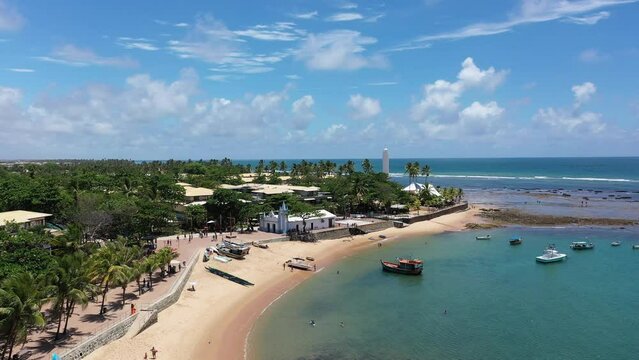 Aerial view of Praia do Forte beach with warm turquoise waters near Salvador, Bahia State, Brazil 