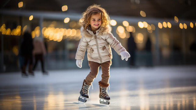 Generative AI, little girl skates on a rink in the park in winter, skater, ice, sport, training, child, toddler, childhood, skates, competition