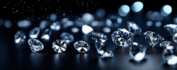Brilliant diamonds on a dark background. 3d rendering.Close up macro a lot of faceted diamond falling - obrazy, fototapety, plakaty