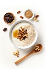 porridge bowl with a spoon in it, topped with different seasonings in powder form, cashews, little cacao chunks and honey