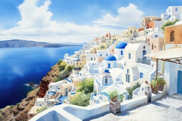 Fototapeta na wymiar Watercolor Drawing of Greek Islands. Santorini Illustration.