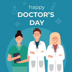 Vector Happy doctor's day greeting card template. Thank you doctor concept illustration. Medical personnel on blue background.