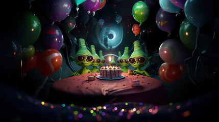 Happy alien birthday! A group of smiling green aliens gathered around a table with a birthday cake with a candle on top of it. Their room is full of colorful balloons. 