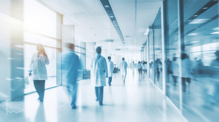Fototapety  Doctor and nurse people in hospital interior or clinic corridor for background, abstract blurred image, laboratory, science experiment, health care and medical technology concept, Generative AI