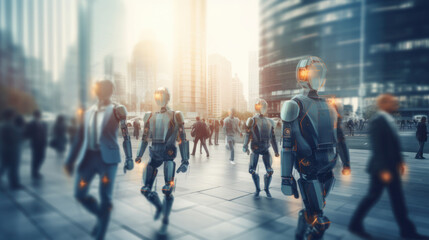 Robot Android Ai, artificial intelligence, abstract motion blur image of robot and people crowd walking in city downtown, business center concept. Generative AI