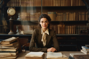 middle aged female university professor/teacher/dean in academic library/office setting surrounded by books/Ivy League/education in film look with editorial magazine style