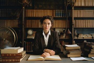 middle aged female university professor/teacher/dean in academic library/office setting surrounded by books/Ivy League/education in film look with editorial magazine style