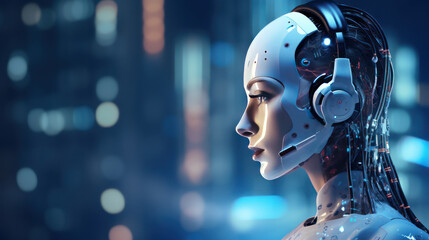 Artificial intelligence robot working at computer in office. IT team, Humanoid support center,...