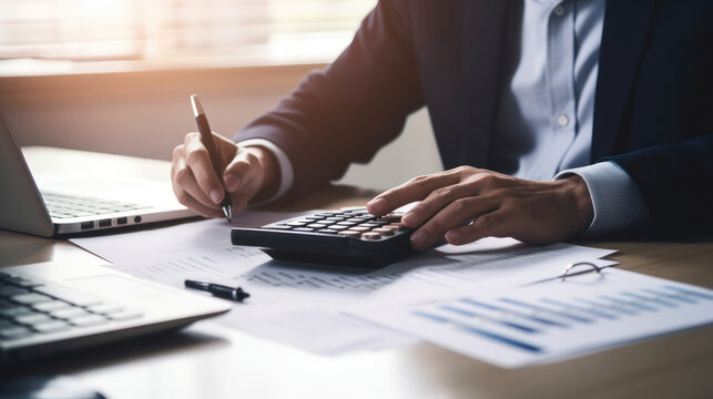 Accounting financial research, government taxes and calculation tax return concept.Businessman using the laptop computer and calculator tax online return form for payment.Generative AI