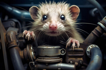 Ferret rodent inside car engine