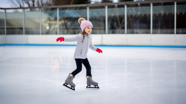 Generative AI, little girl skates on a rink in the park in winter, skater, ice, sport, training, child, toddler, childhood, skates, competition