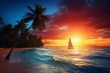 Fototapeta na wymiar beautiful sunset in the beach with palm trees, blue ocean wave, beautiful dreammy light and shadows, hyper realistic photo, sailing boat from far away, giant sun,