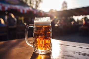 Large beer mug on table of outdoor festival with sunlight in background