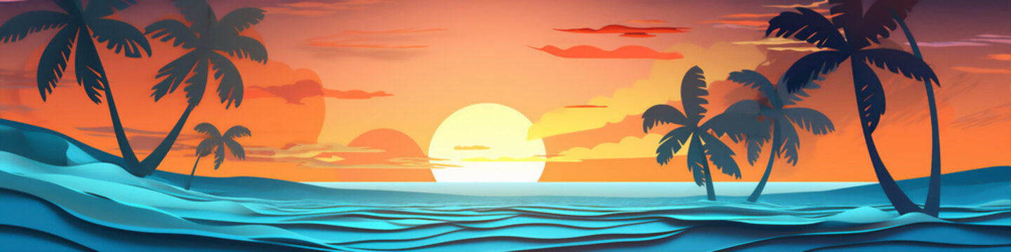 beautiful sunset in the beach with palm trees, paper cut style, blue ocean wave, beautiful dreammy light and shadows, hyper realistic photo, giant sun,