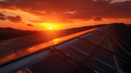 A solitary solar panel stands tall against the backdrop of a breathtaking sunset